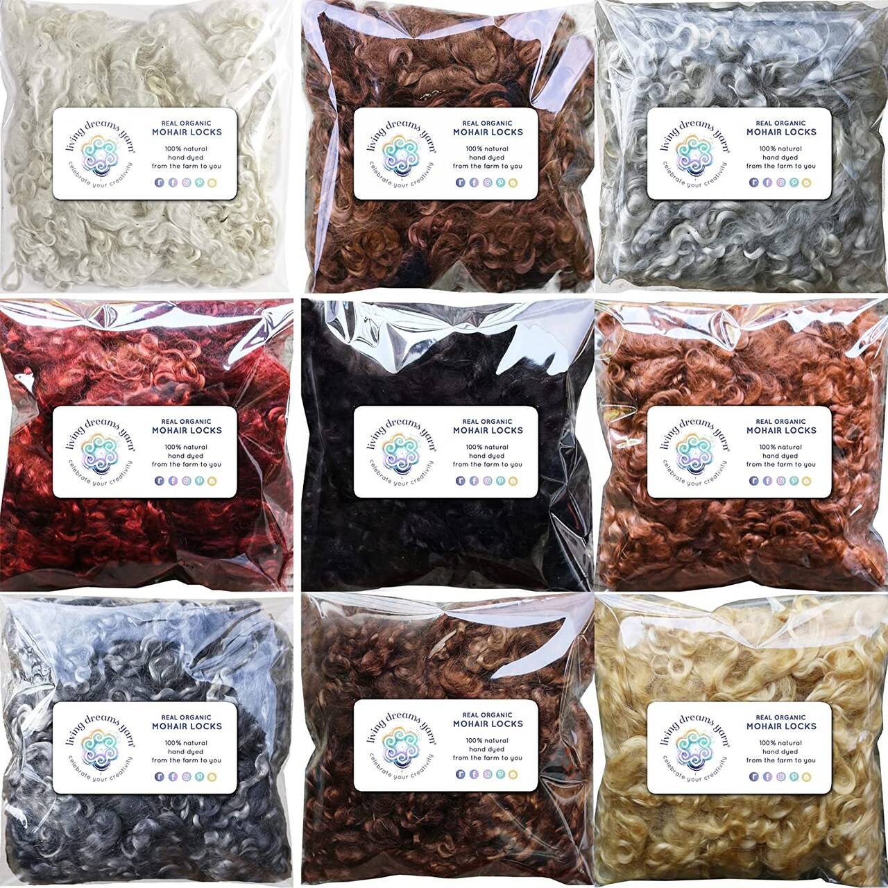 REAL MOHAIR LOCKS - 9 PACK. Organic Hand-Dyed Curly Wool for Rooting Doll Hair, Felting, Blending, Spinning.